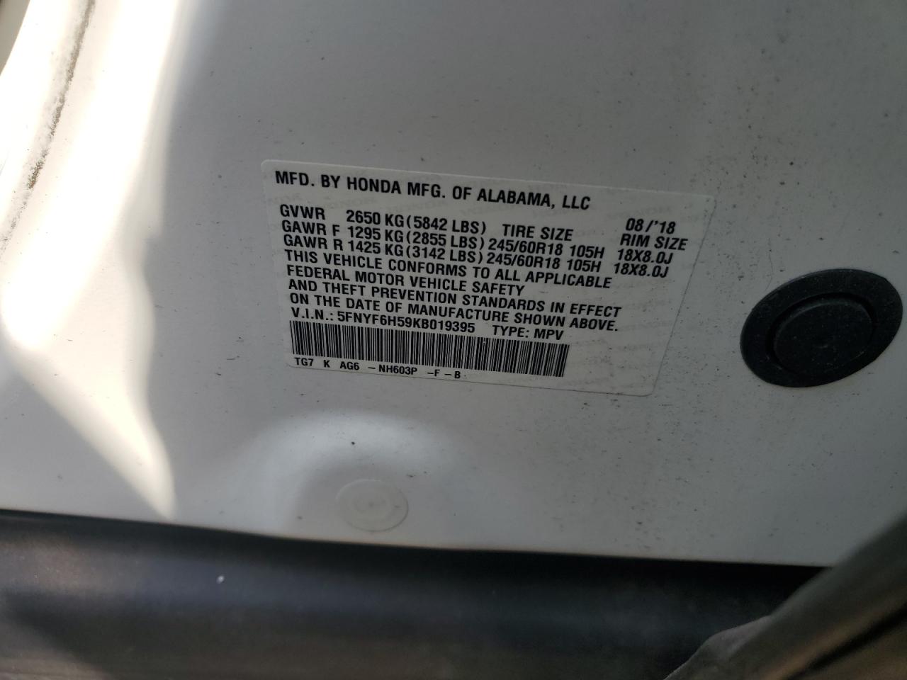 5FNYF6H59KB019395 2019 Honda Pilot Exl