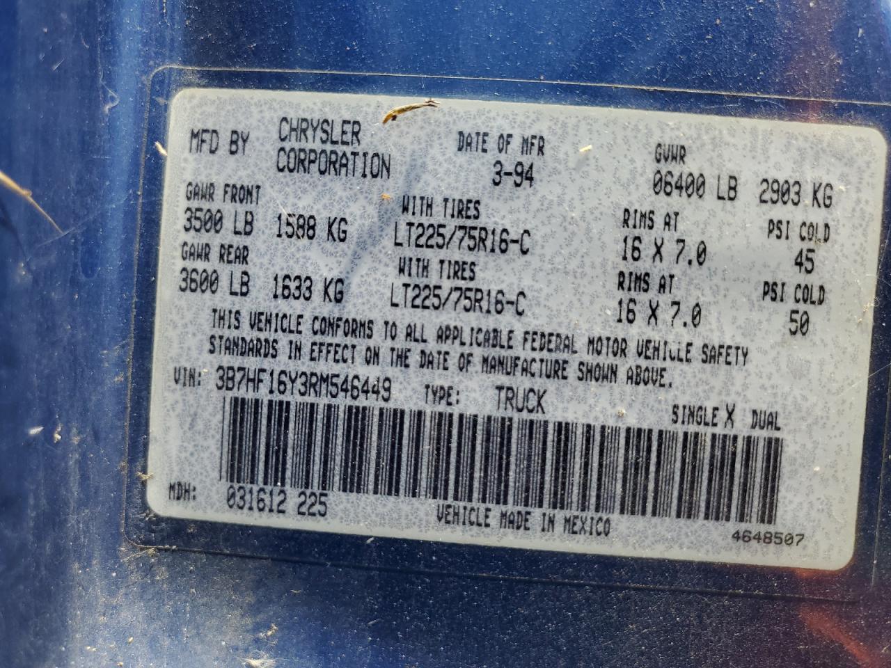 3B7HF16Y3RM546449 1994 Dodge Ram 1500
