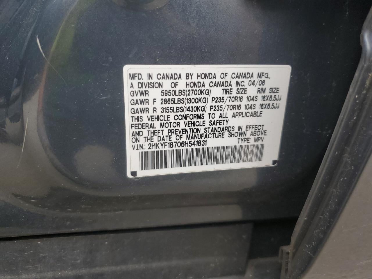 2HKYF18706H541831 2006 Honda Pilot Ex