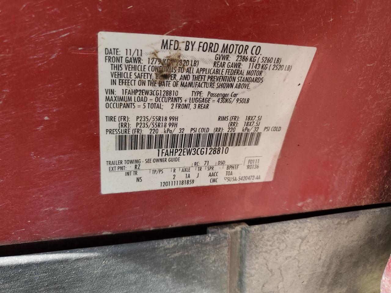 1FAHP2EW3CG128810 2012 Ford Taurus Sel