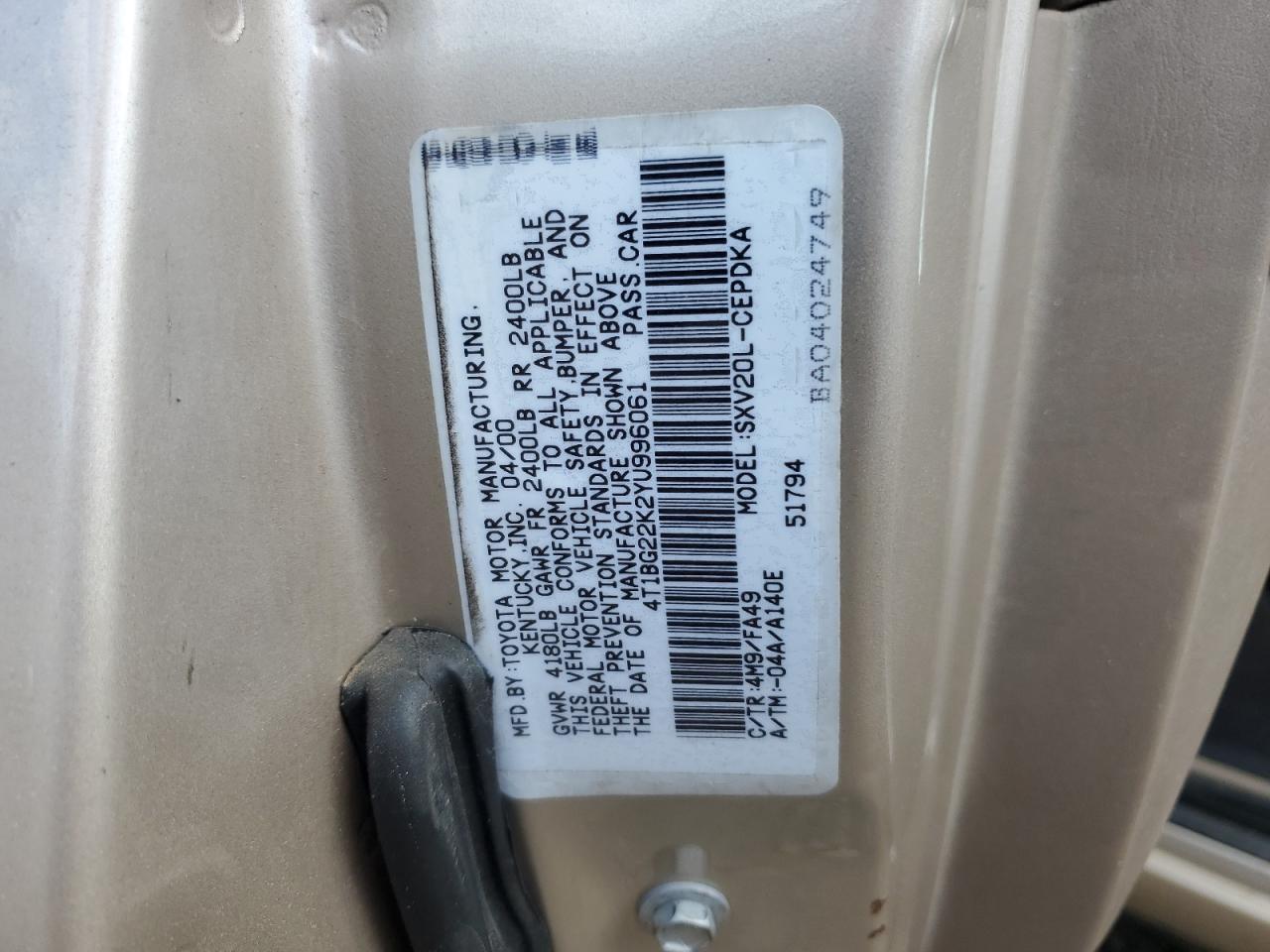 4T1BG22K2YU996061 2000 Toyota Camry Ce