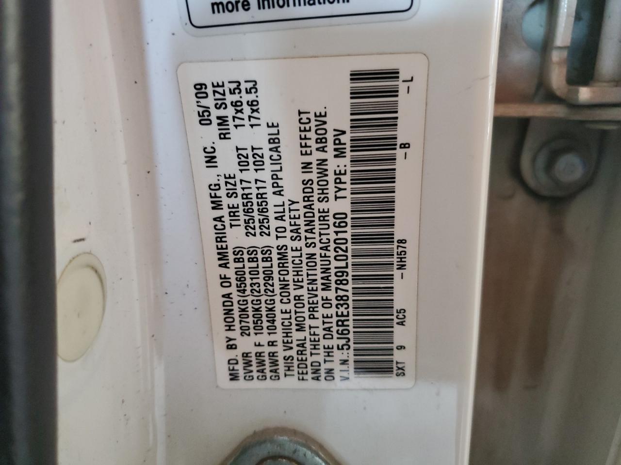 5J6RE38789L020160 2009 Honda Cr-V Exl