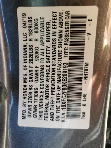 2019 Honda Civic Sport VIN: 19XFC2F80KE209193 Lot: 58086284