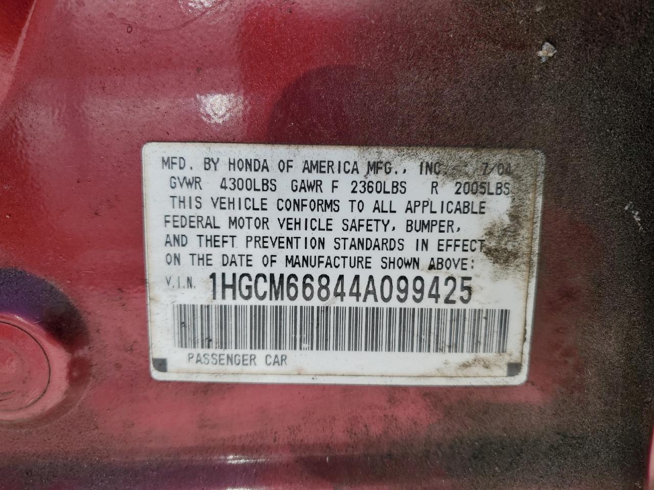 1HGCM66844A099425 2004 Honda Accord Ex