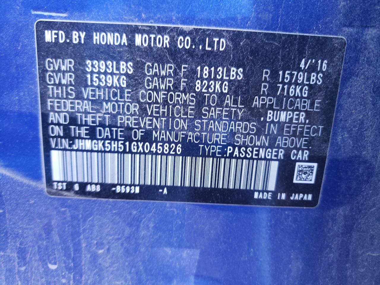 JHMGK5H51GX045826 2016 Honda Fit Lx