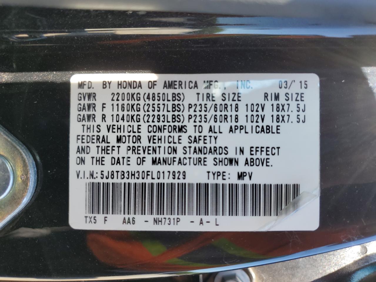 5J8TB3H30FL017929 2015 Acura Rdx