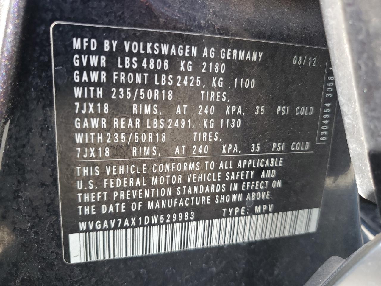 WVGAV7AX1DW529983 2013 Volkswagen Tiguan S