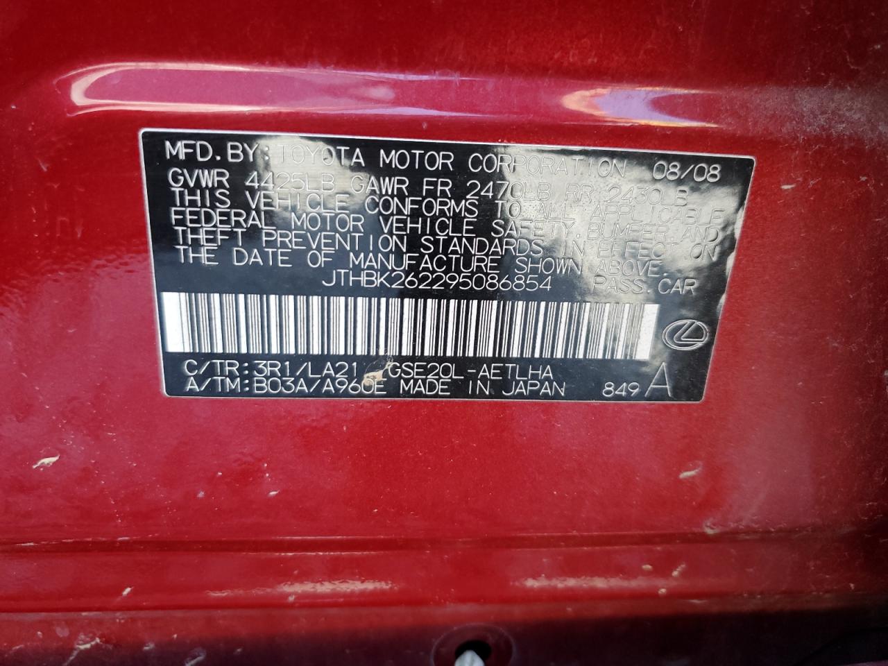 JTHBK262295086854 2009 Lexus Is 250