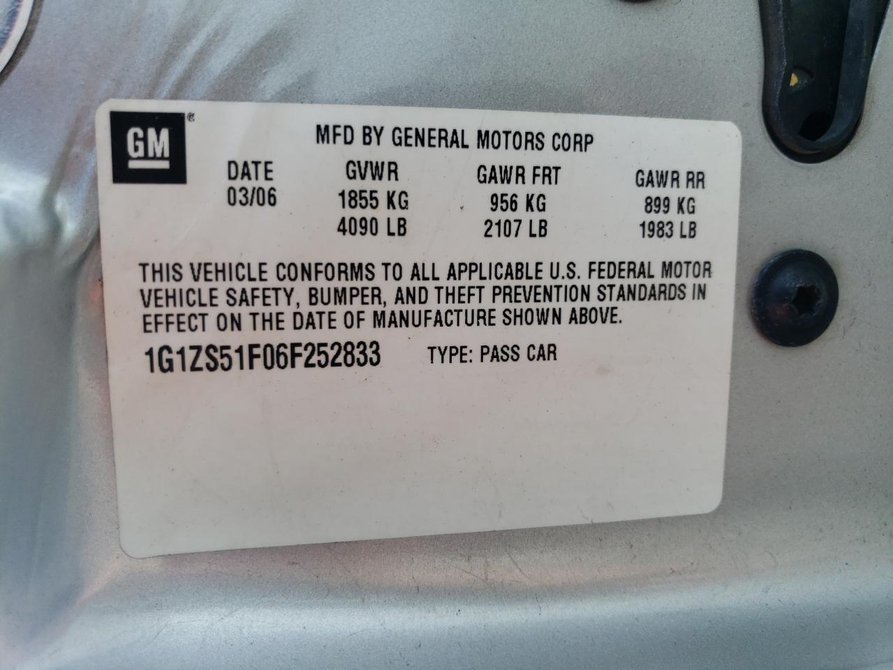 1G1ZS51F06F252833 2006 Chevrolet Malibu Ls