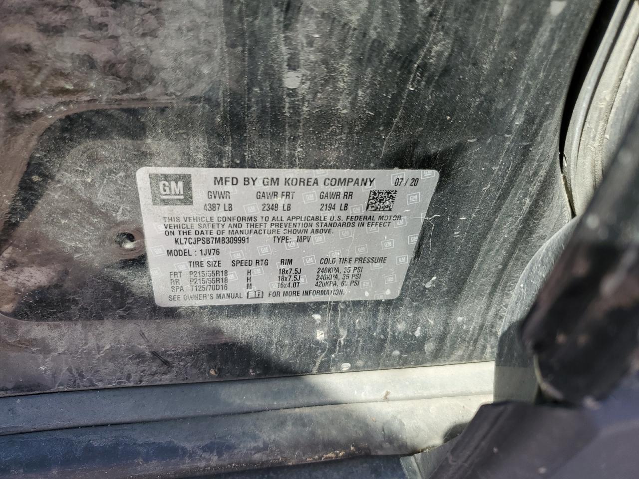 KL7CJPSB7MB309991 2021 Chevrolet Trax 1Lt