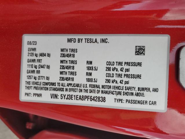 2023 Tesla Model 3 VIN: 5YJ3E1EA8PF642838 Lot: 59474374