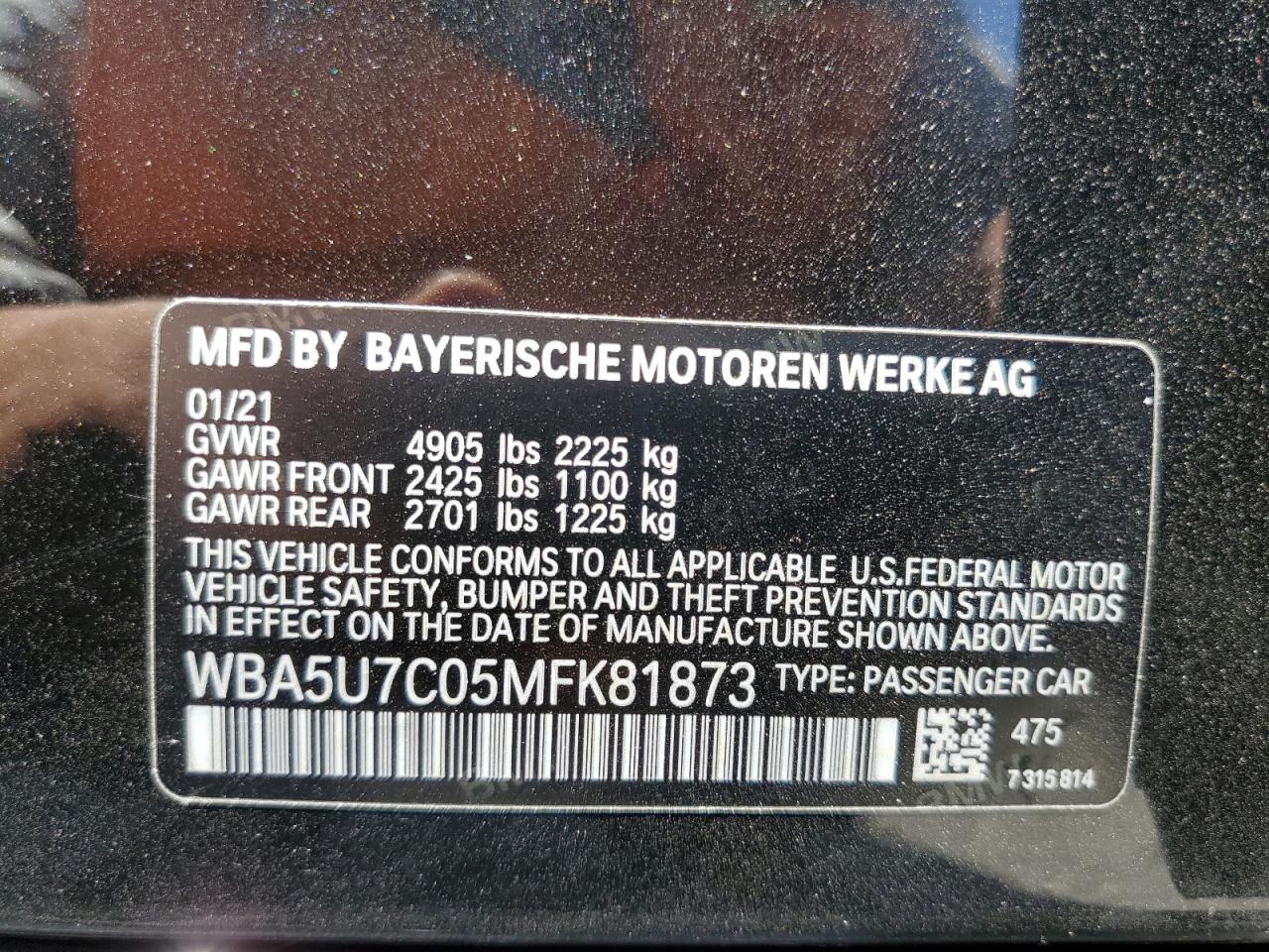 WBA5U7C05MFK81873 2021 BMW M340I