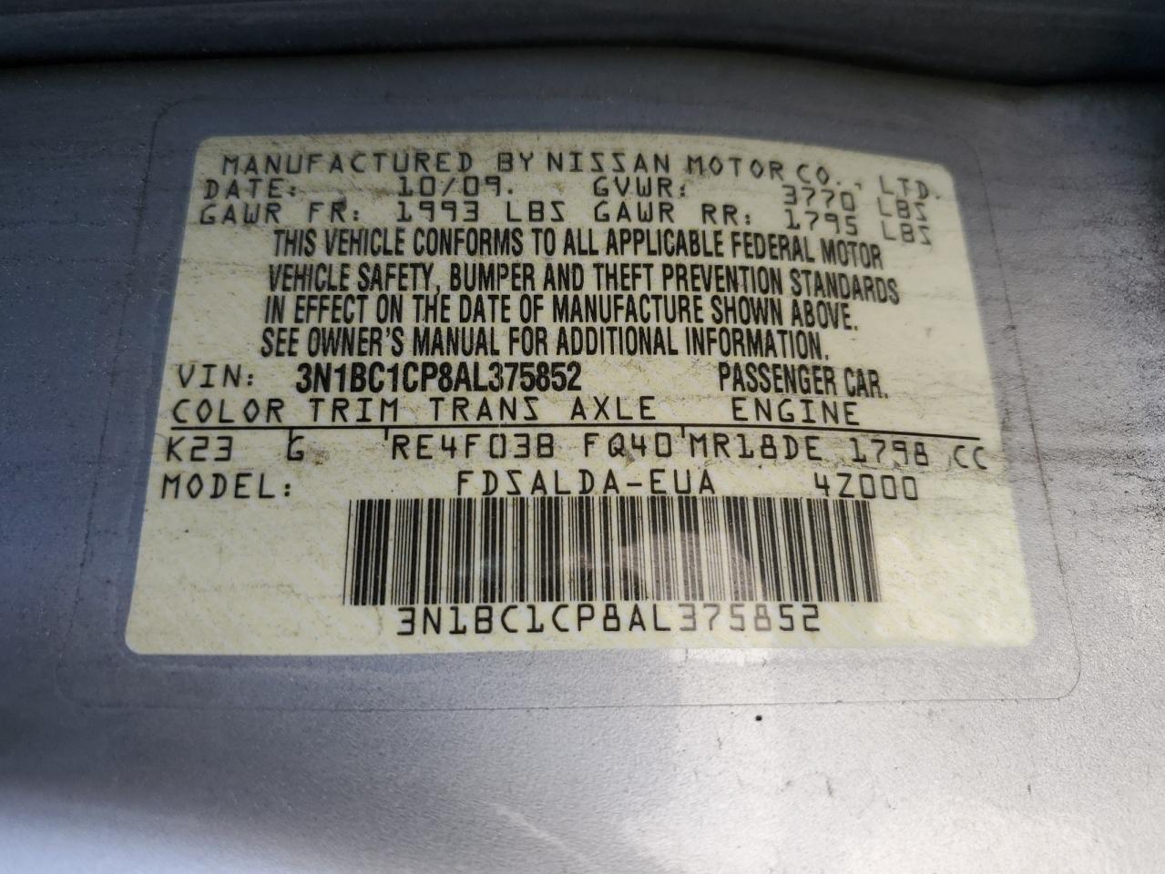 3N1BC1CP8AL375852 2010 Nissan Versa S