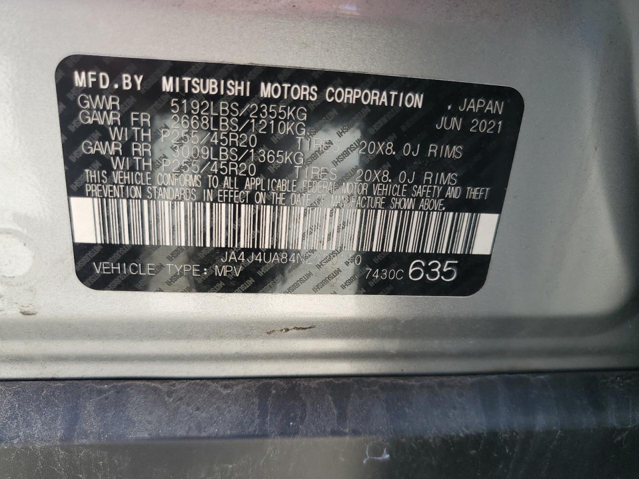 JA4J4UA84NZ020110 2022 Mitsubishi Outlander Se