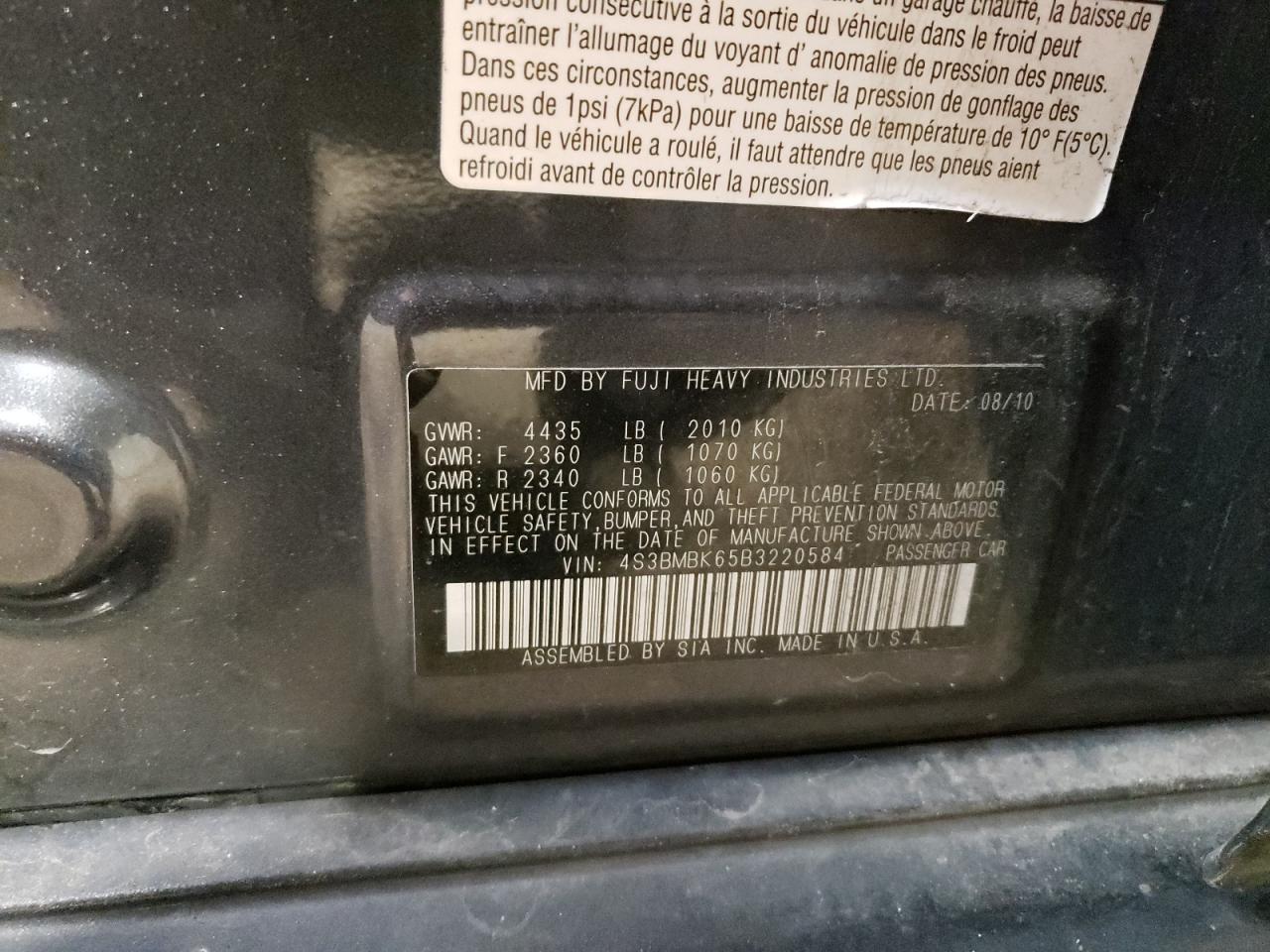 4S3BMBK65B3220584 2011 Subaru Legacy 2.5I Limited