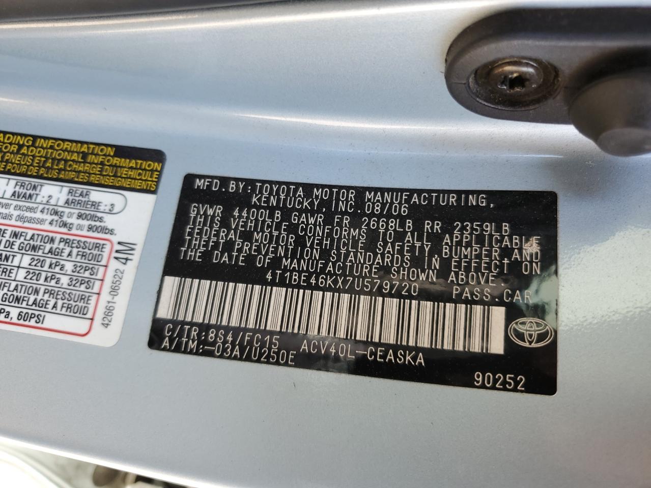 4T1BE46KX7U579720 2007 Toyota Camry Ce