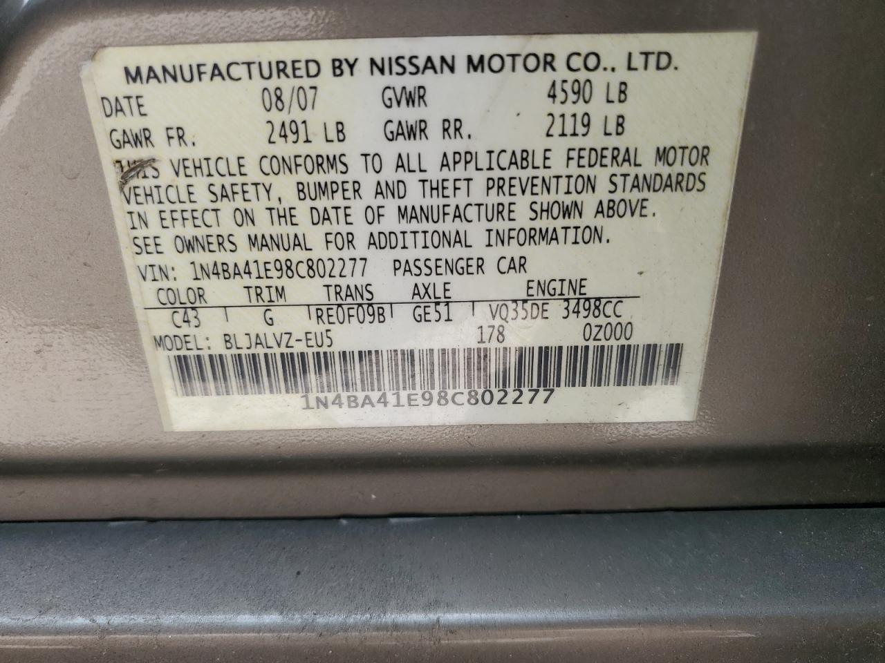 1N4BA41E98C802277 2008 Nissan Maxima Se