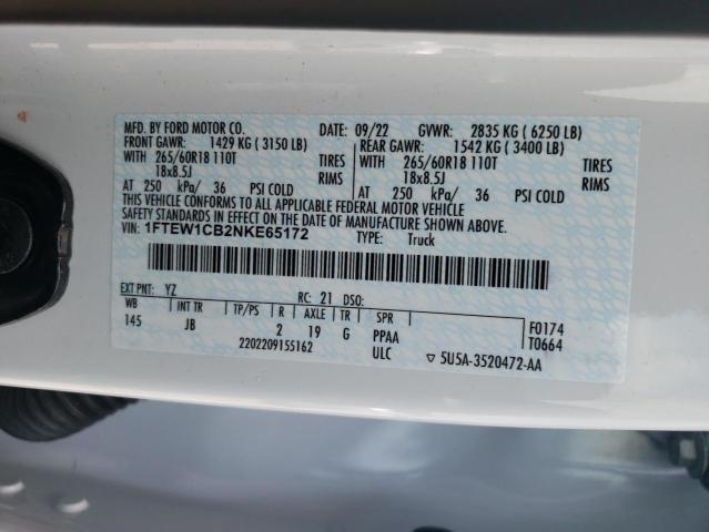 2022 Ford F150 Supercrew VIN: 1FTEW1CB2NKE65172 Lot: 58003174