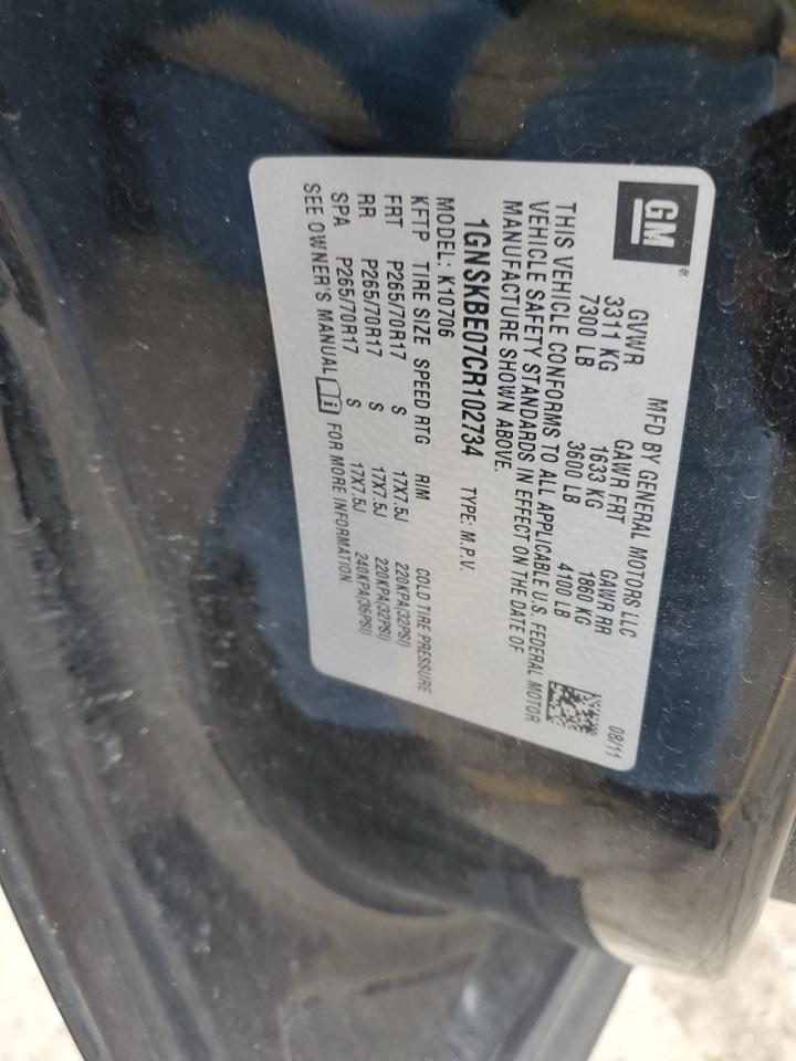 1GNSKBE07CR102734 2012 Chevrolet Tahoe K1500 Lt