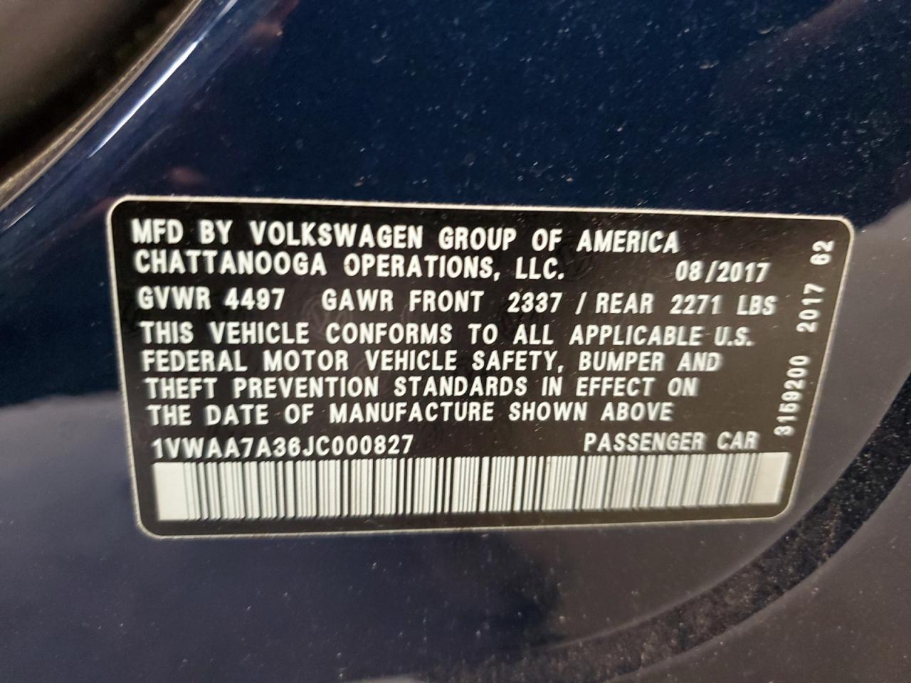 1VWAA7A36JC000827 2018 Volkswagen Passat S