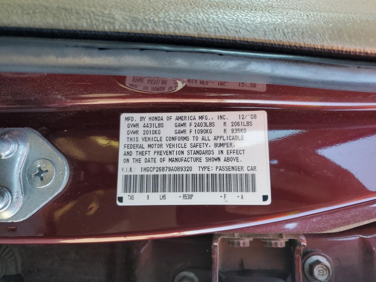 1HGCP26879A089320 2009 Honda Accord Exl
