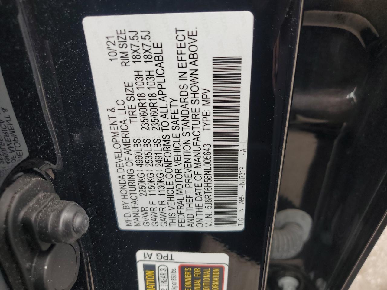 5J6RT6H58NL005643 2022 Honda Cr-V Ex