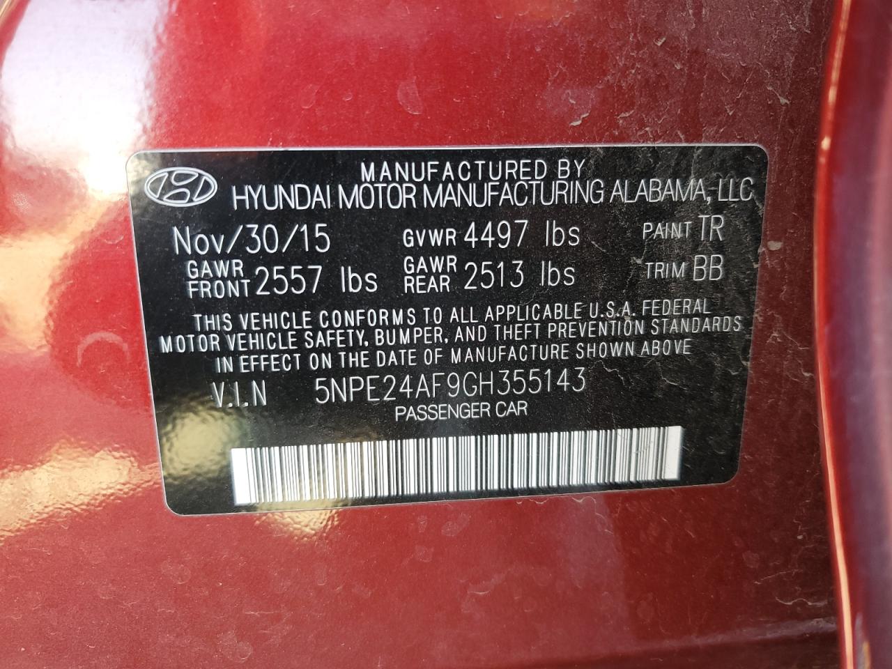 5NPE24AF9GH355143 2016 Hyundai Sonata Se