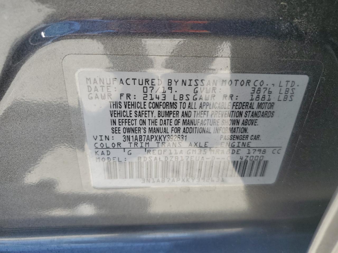 3N1AB7APXKY392631 2019 Nissan Sentra S
