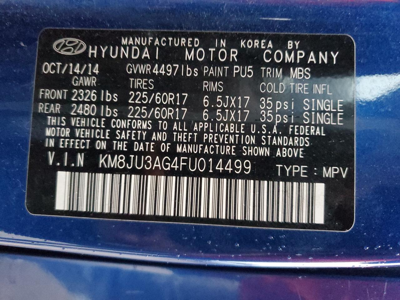 KM8JU3AG4FU014499 2015 Hyundai Tucson Limited