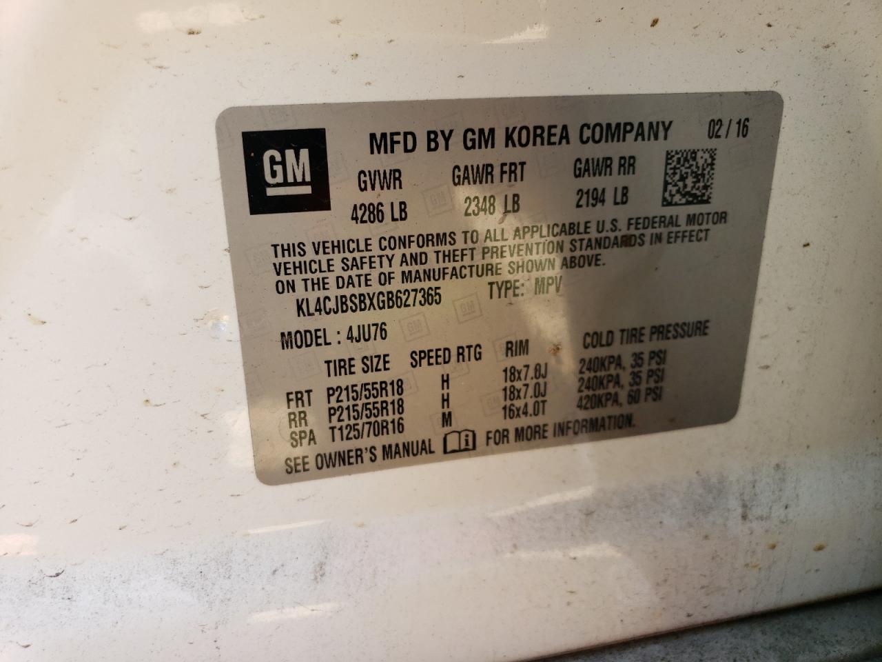 KL4CJBSBXGB627365 2016 Buick Encore Convenience