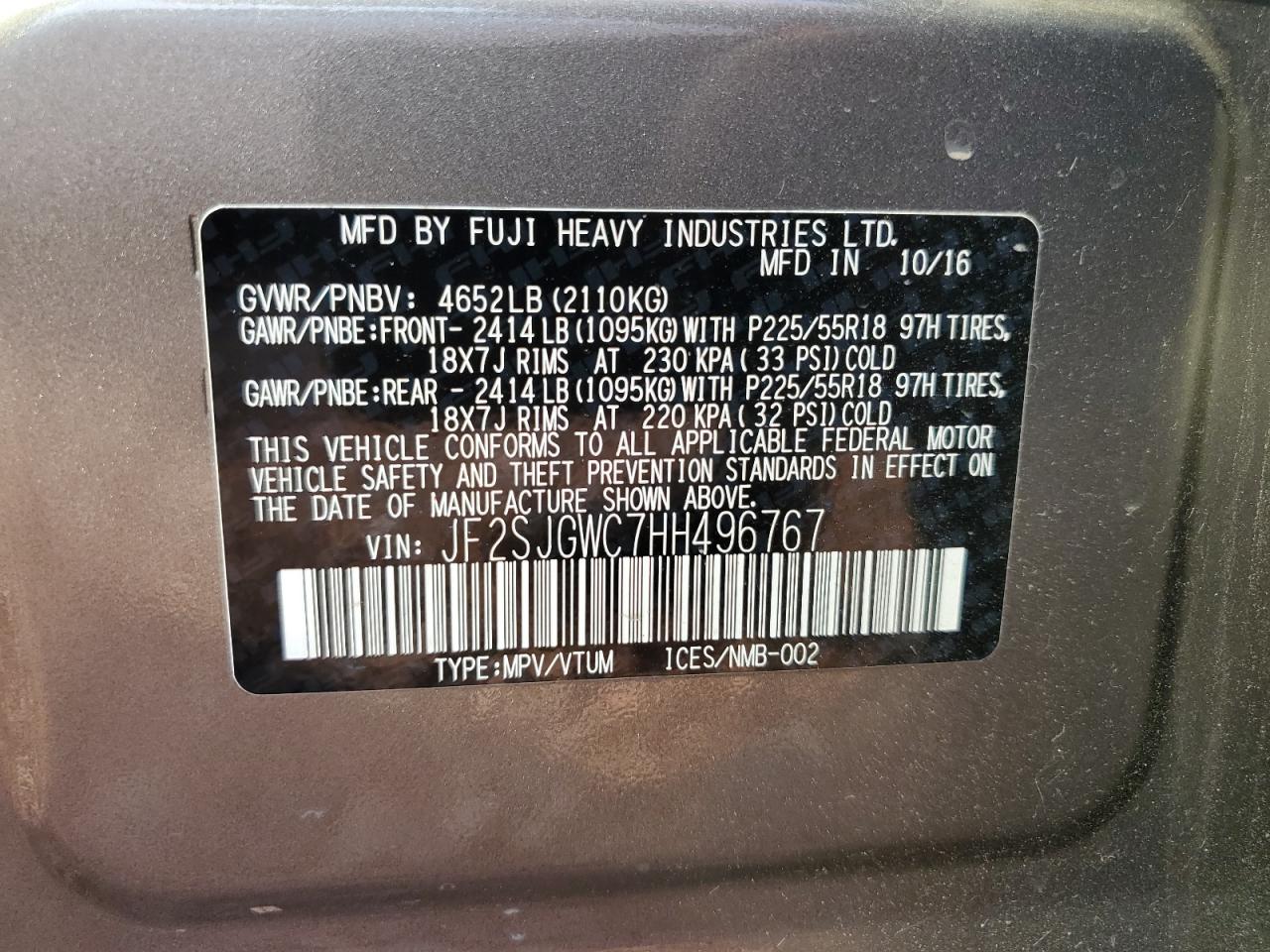 JF2SJGWC7HH496767 2017 Subaru Forester 2.0Xt Touring