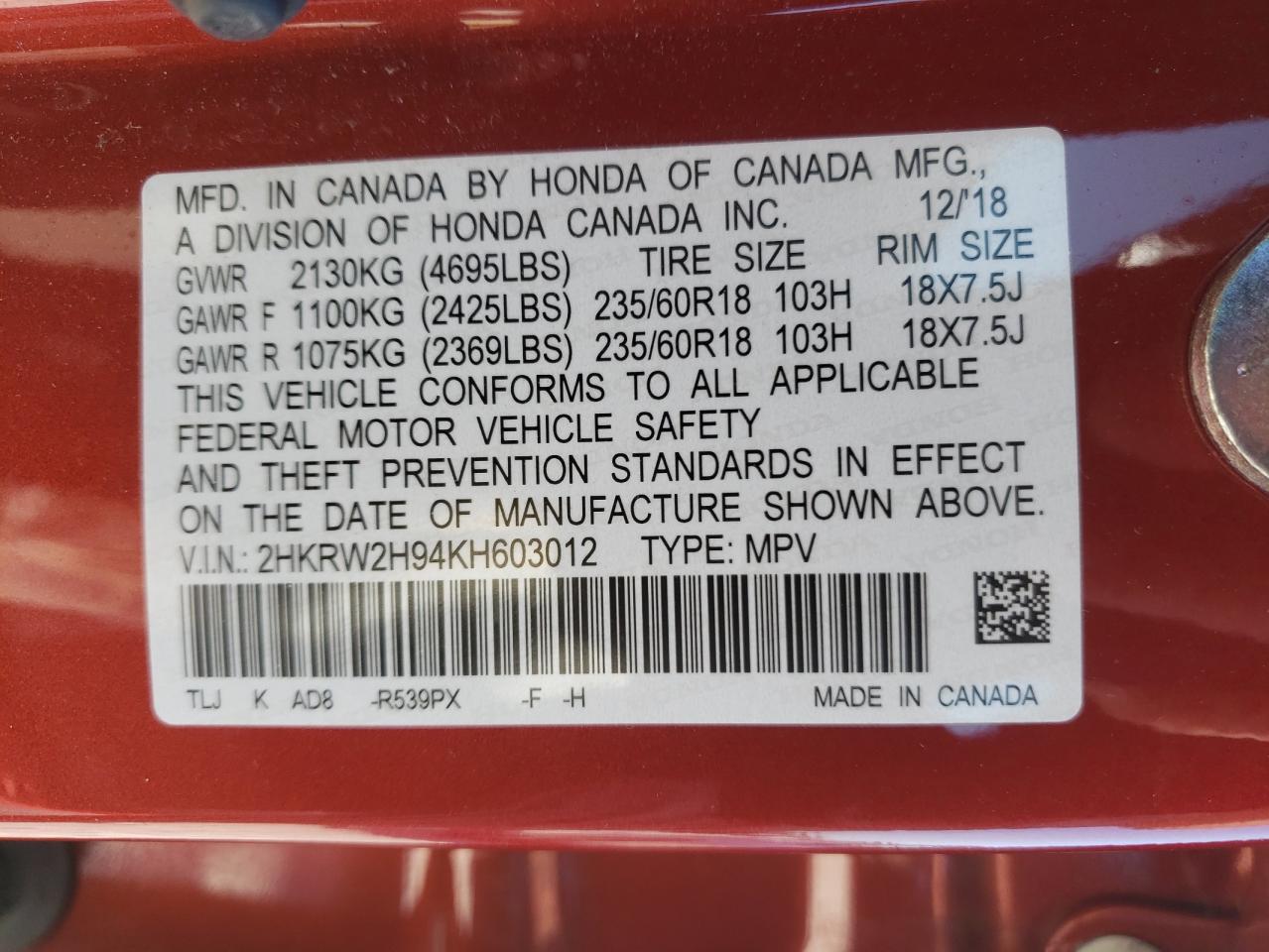 2HKRW2H94KH603012 2019 Honda Cr-V Touring