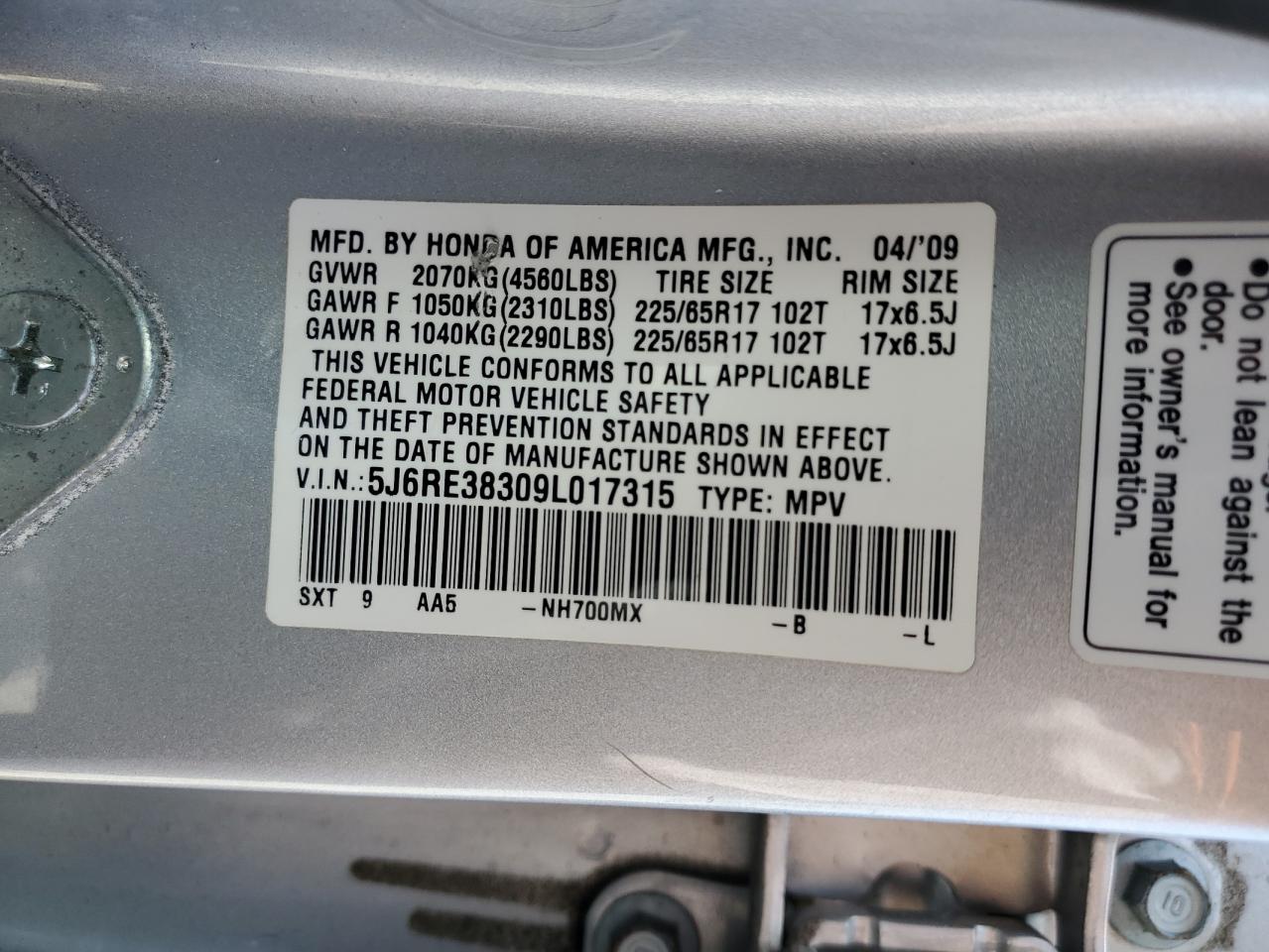5J6RE38309L017315 2009 Honda Cr-V Lx
