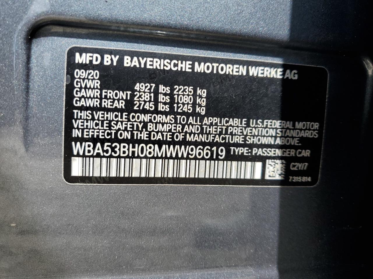 WBA53BH08MWW96619 2021 BMW 530 I