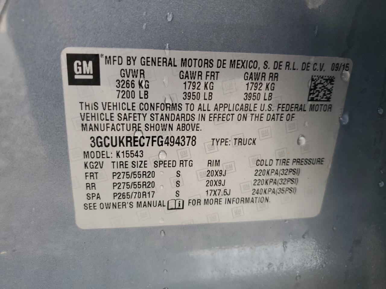 3GCUKREC7FG494378 2015 Chevrolet Silverado K1500 Lt