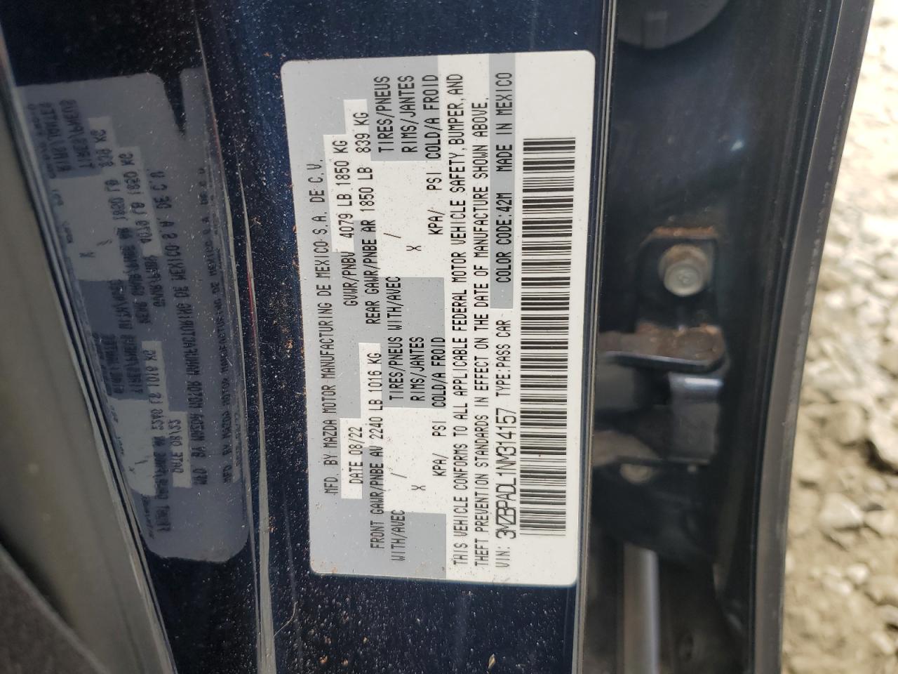 3MZBPADL1NM314157 2022 Mazda 3 Premium