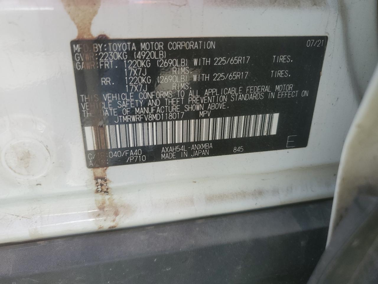 JTMRWRFV8MD118017 2021 Toyota Rav4 Xle