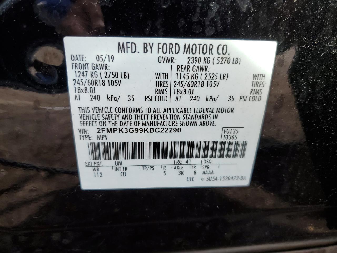 2FMPK3G99KBC22290 2019 Ford Edge Se