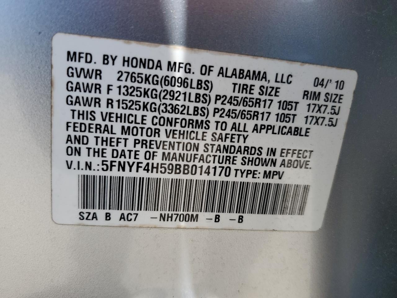 5FNYF4H59BB014170 2011 Honda Pilot Exl