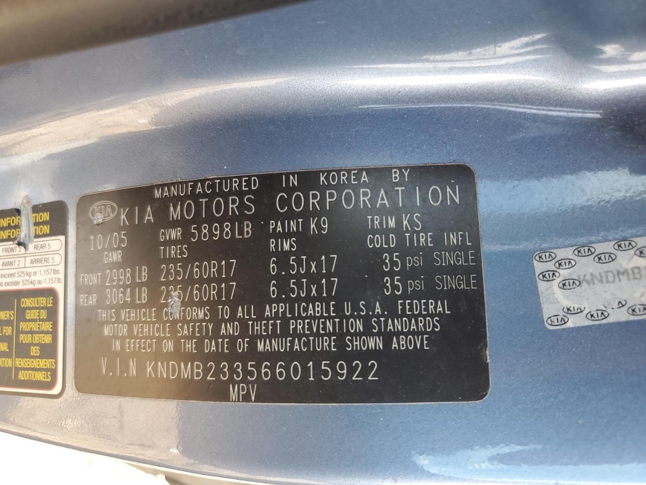 KNDMB233566015922 2006 Kia Sedona Ex