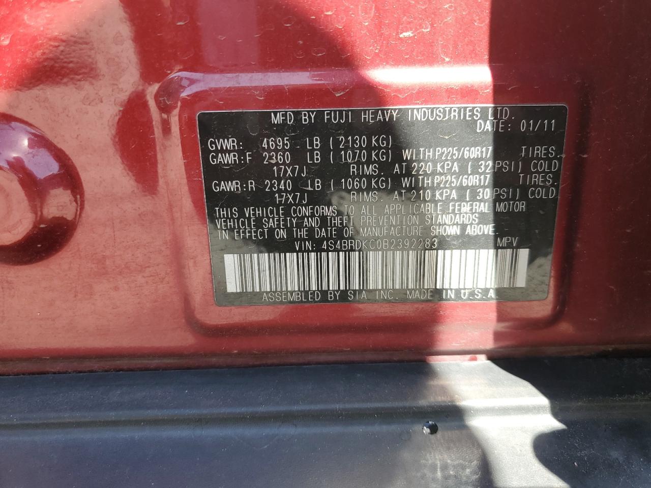 4S4BRDKC0B2392283 2011 Subaru Outback 3.6R Limited