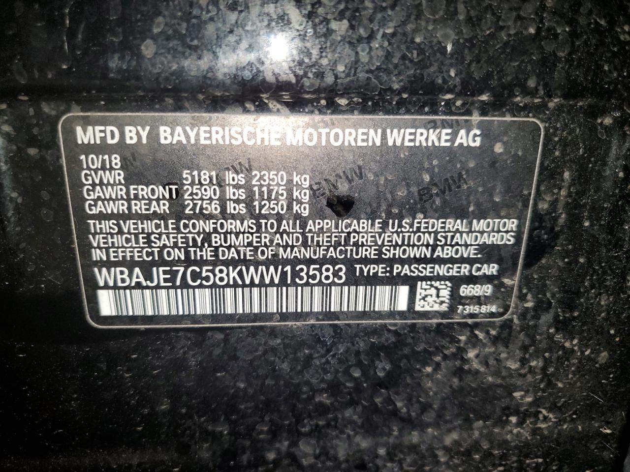 WBAJE7C58KWW13583 2019 BMW 540 Xi