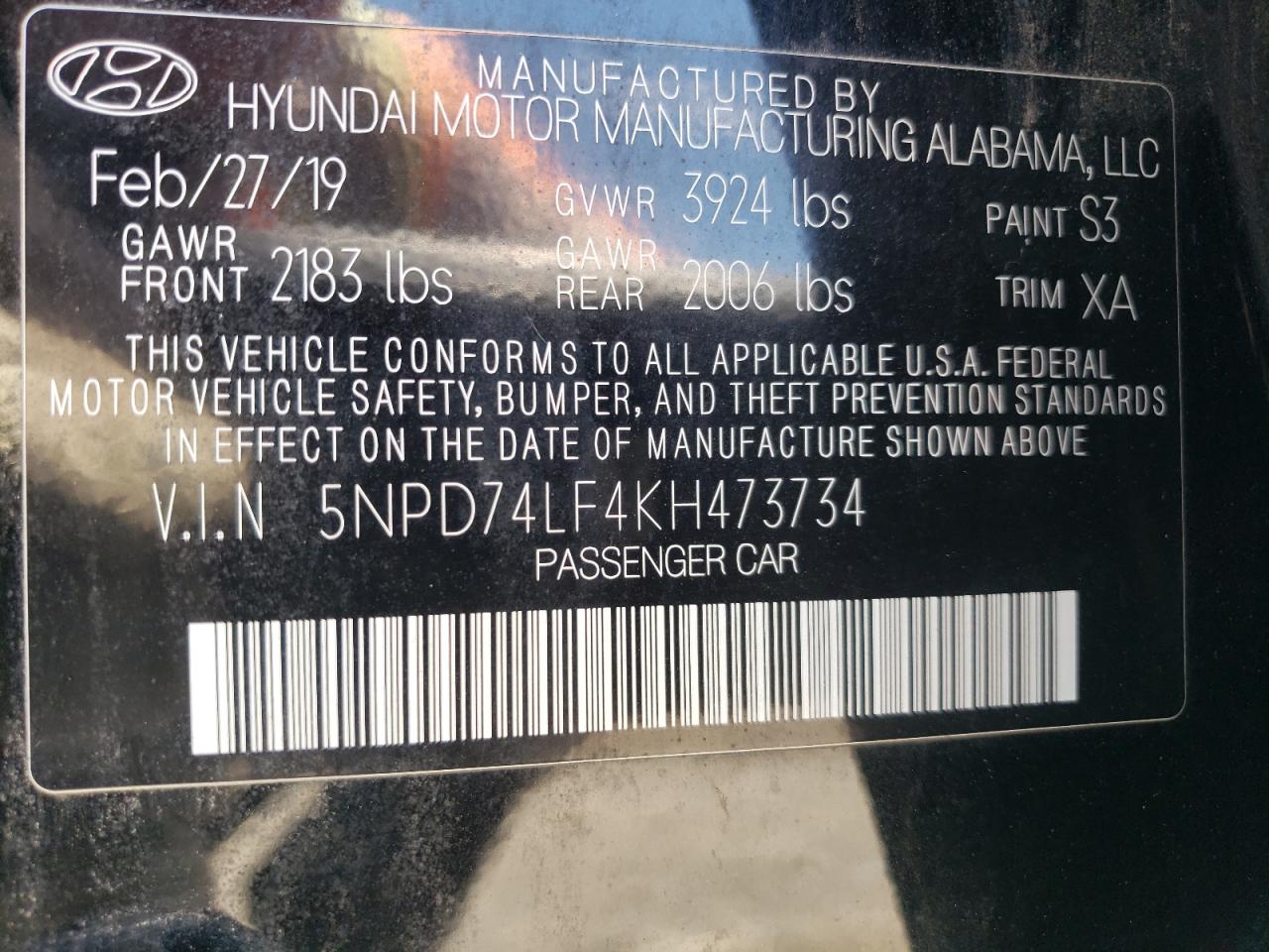 5NPD74LF4KH473734 2019 Hyundai Elantra Se