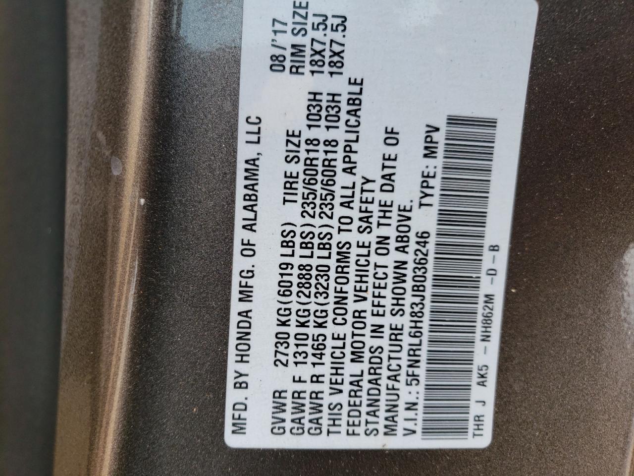 VIN: 5FNRL6H83JB036246 2018 HONDA ODYSSEY