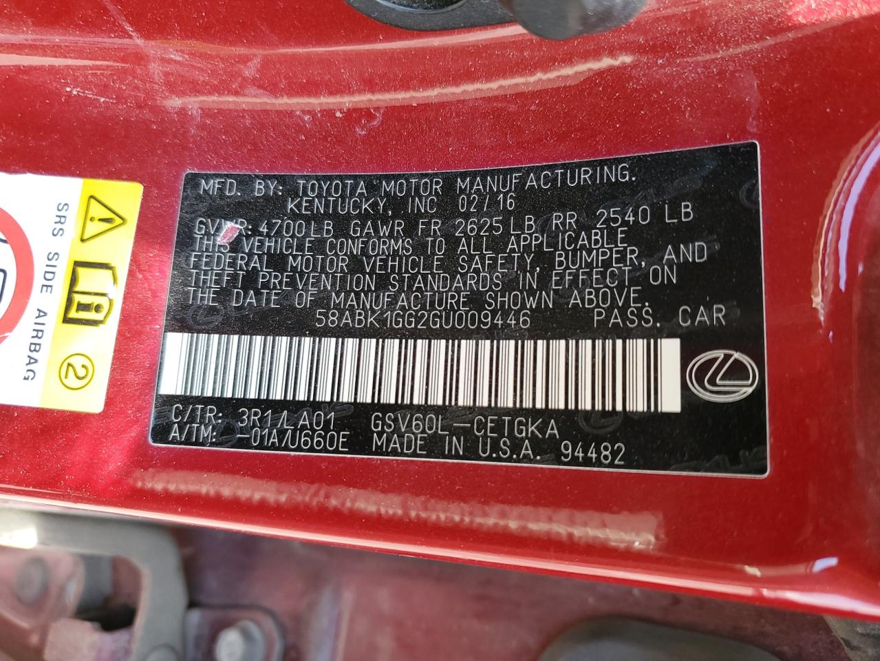 58ABK1GG2GU009446 2016 Lexus Es 350