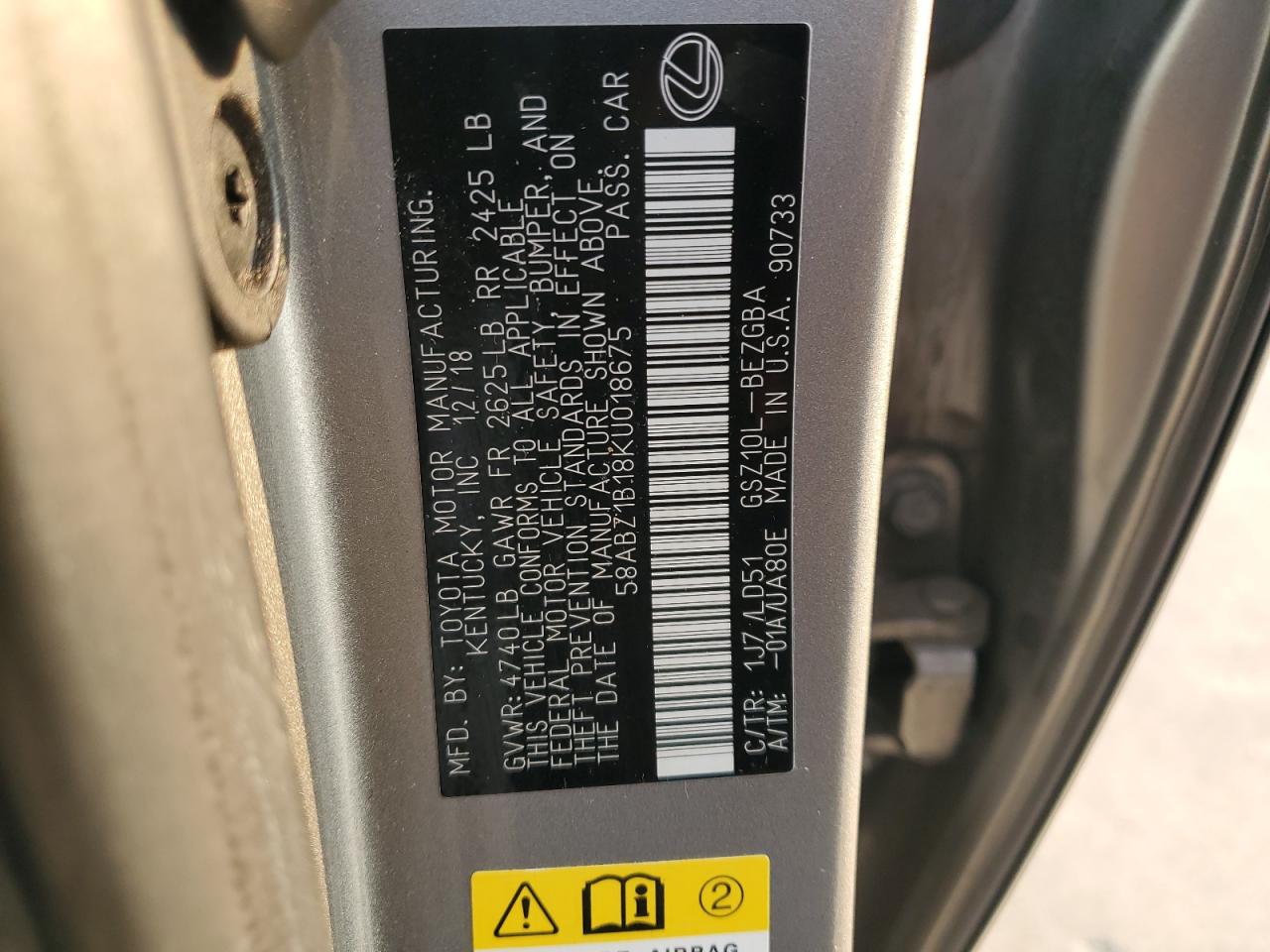 58ABZ1B18KU018675 2019 Lexus Es 350