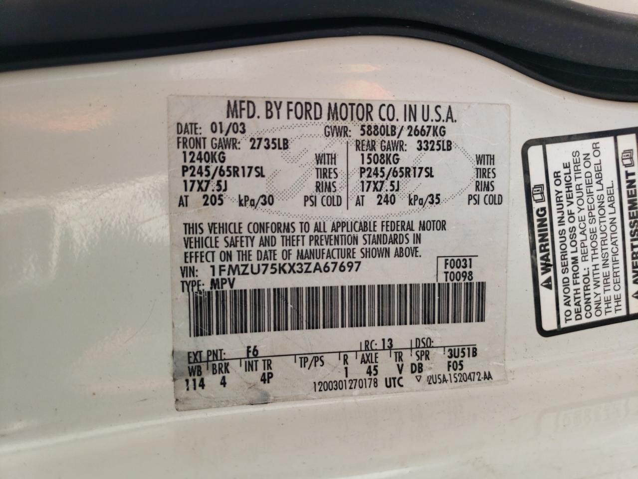 1FMZU75KX3ZA67697 2003 Ford Explorer Limited