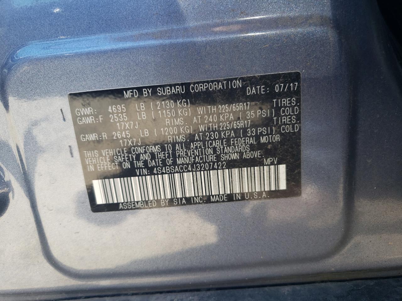 4S4BSACC4J3207422 2018 Subaru Outback 2.5I Premium