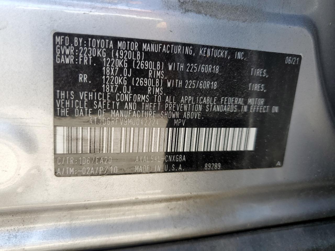 4T3D6RFV9MU042224 2021 Toyota Rav4 Limited