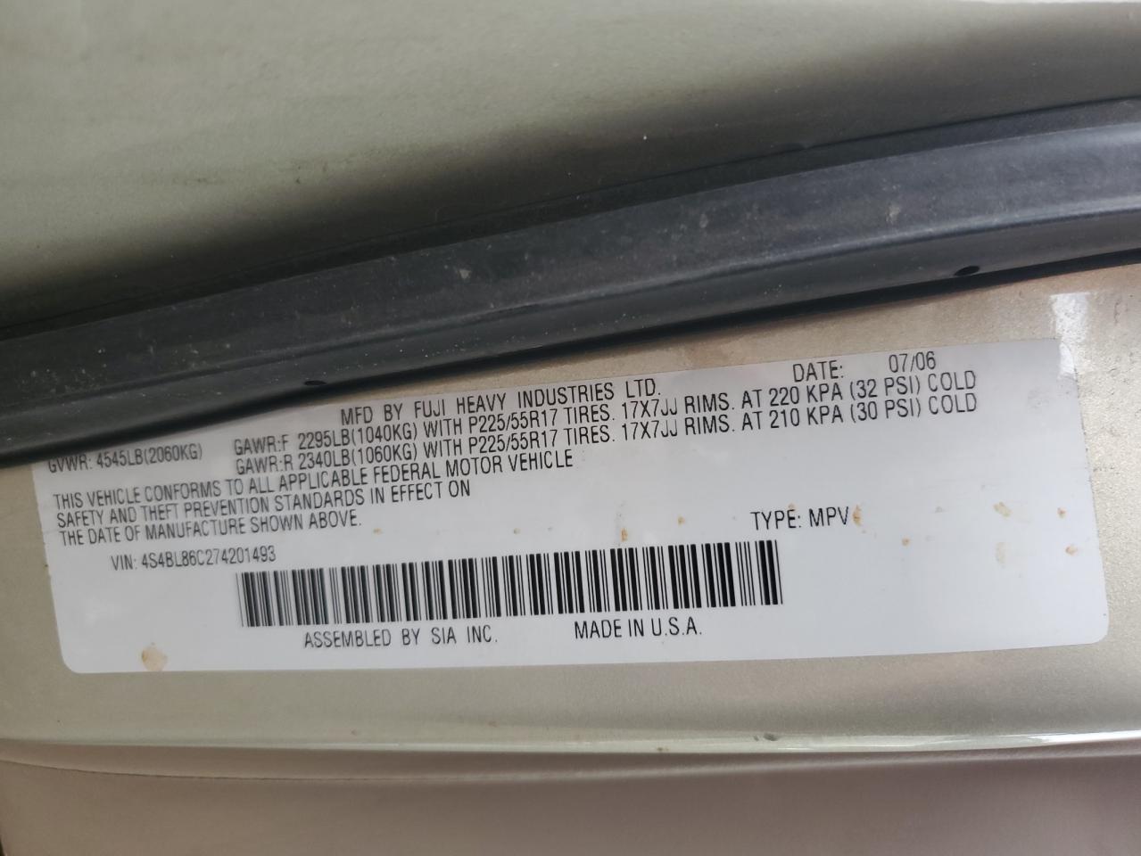 4S4BL86C274201493 2007 Subaru Legacy Outback 3.0R Ll Bean